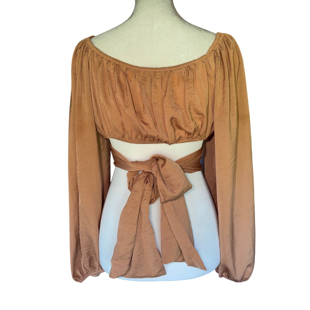 Forever 21 Ruched Wrap Tie Back Crop Top Sz M Terracotta Copper Balloon Sleeve - Picture 3 of 6